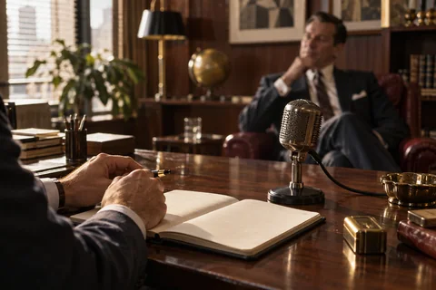 Hands hold a pen over a blank notebook beside a vintage microphone, with a seated man in the background.