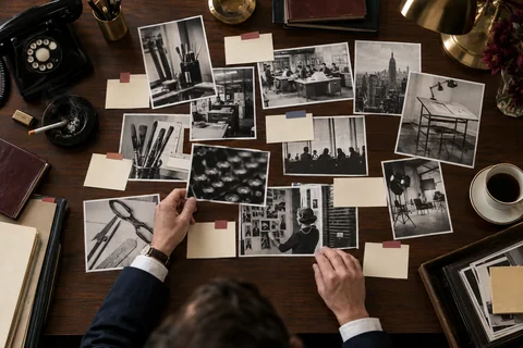 Hands sort monochrome workplace photographs and blank tabbed note cards across a walnut desk.
