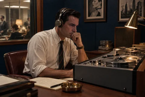 A man wearing headphones listens beside a reel-to-reel recorder in a navy-paneled office.