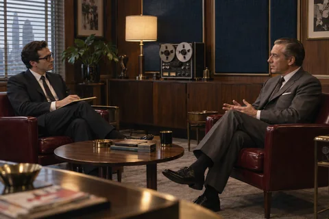 Two suited men converse from burgundy armchairs beside a round walnut table and reel-to-reel recorder.