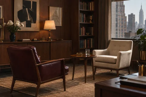 An empty cream chair faces a burgundy chair beside a small table and a window overlooking the city.