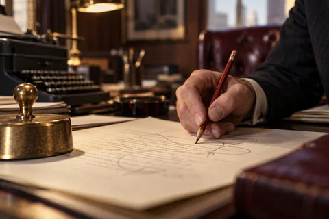 A hand marks a paper proof with a pencil beside a typewriter and brass paperweight.