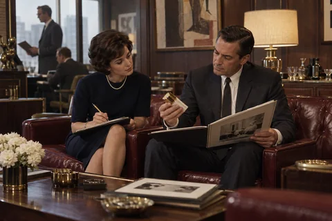 A seated man holds a small cream jar and open portfolio while a woman takes notes beside him.