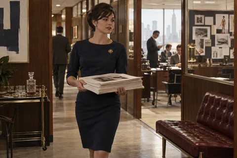 A woman carries a stack of advertising proofs through a glass-walled office corridor.