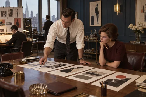 A man and woman review a row of advertising layouts on a walnut conference table.