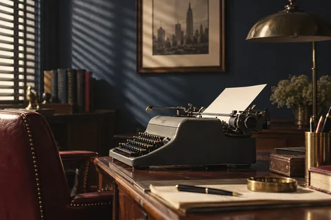 A vintage typewriter with a blank sheet sits on a walnut desk under a brass lamp.