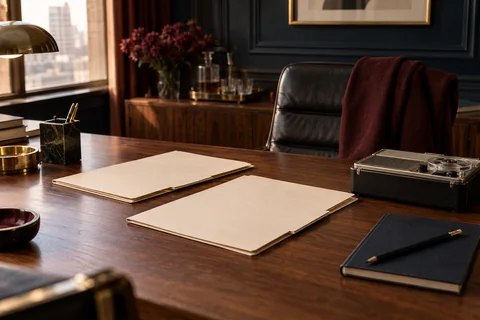 Two cream folders, a period audio recorder and a navy notebook sit on a walnut desk.