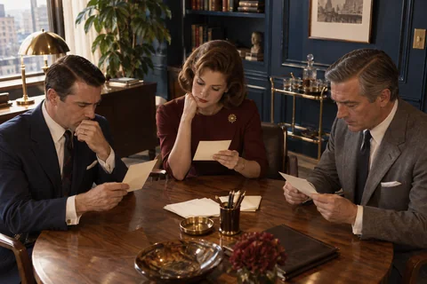 Three colleagues study individual cream cards at a round walnut table.