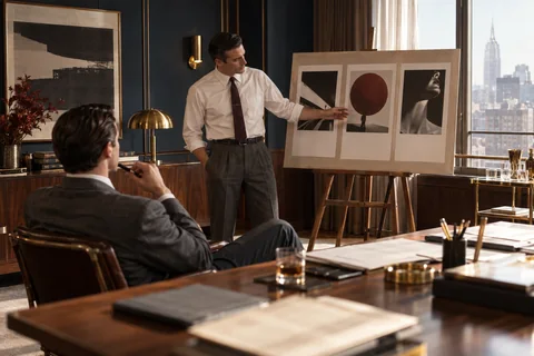 A standing man presents three poster layouts on an easel to a seated colleague.