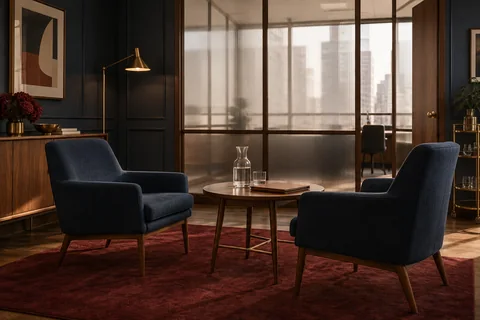 Two navy armchairs face a small table with a folio and water carafe in a quiet interview room.