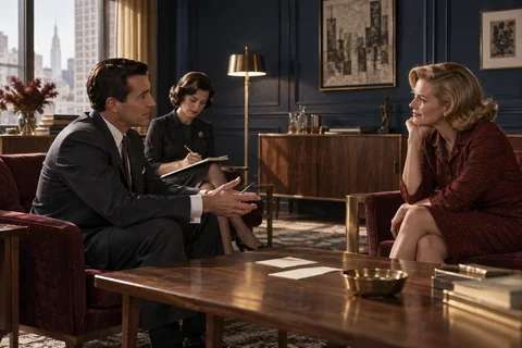 A man and woman talk in a lounge while a third colleague takes notes.