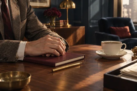 Hands rest on a closed burgundy notebook beside a cream coffee cup and brass pencil.