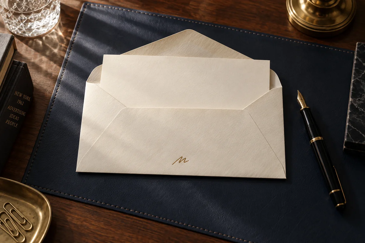 A real cotton-paper envelope and letter on navy leather, with a fountain pen beside it. The Mangione Group.