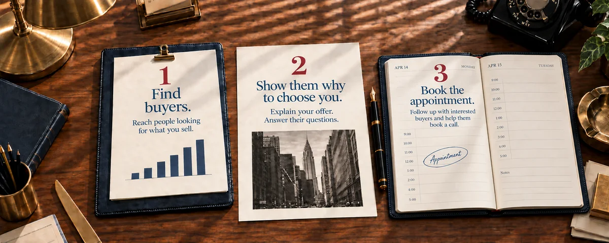 Three printed steps on a Madison Avenue desk: Find buyers. Show them why to choose you. Book the appointment. The Mangione Group.