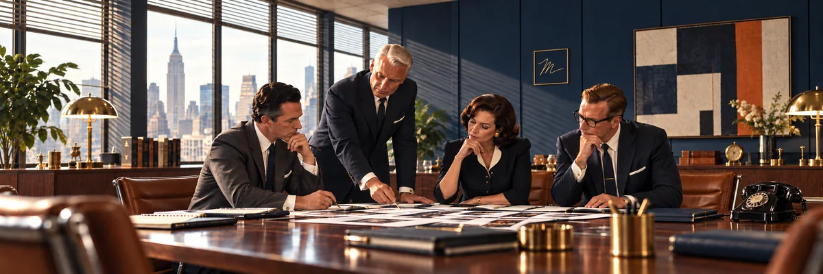 A Madison Avenue advertising strategy meeting, with navy tailoring, walnut, brass, and daylight through venetian blinds. The Mangione Group.