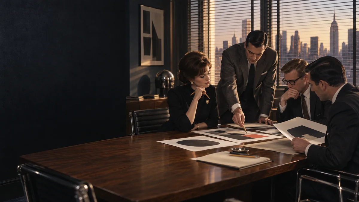 An illustrative advertising agency office overlooking Manhattan. The Mangione Group.