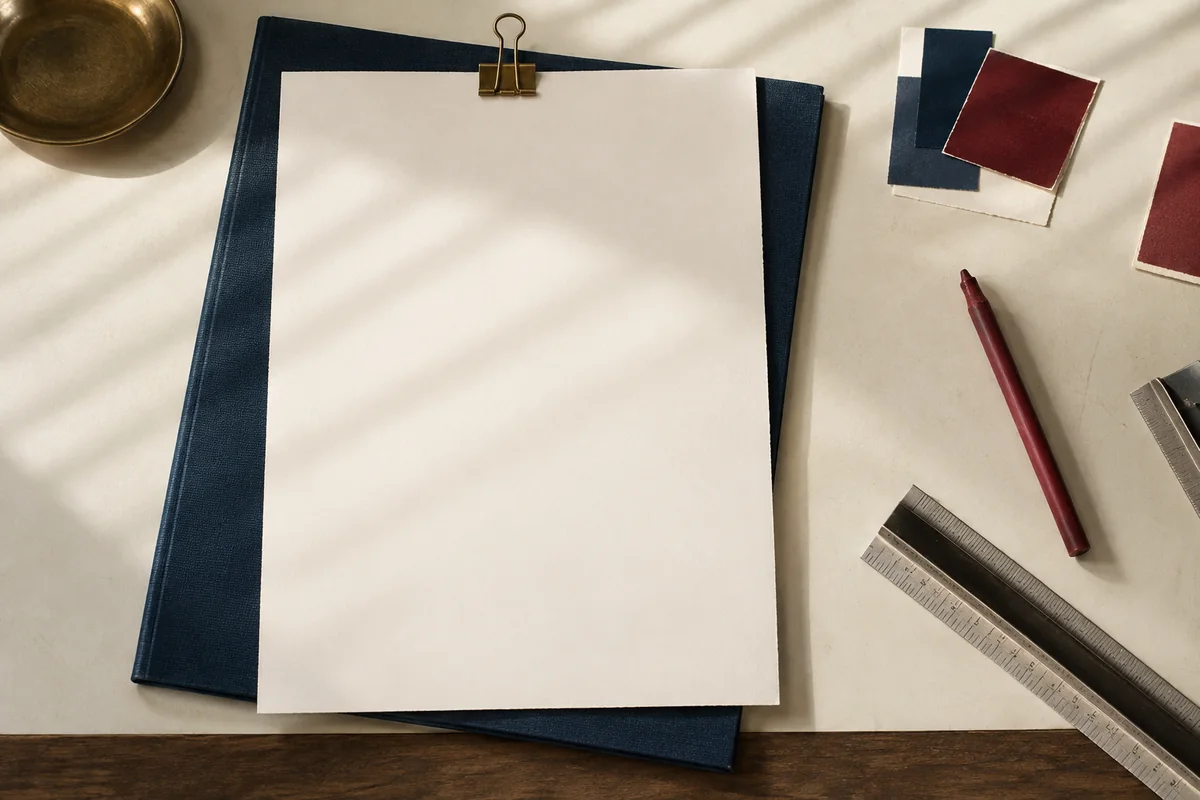A creative brief and writing materials on an advertising desk. The Mangione Group.