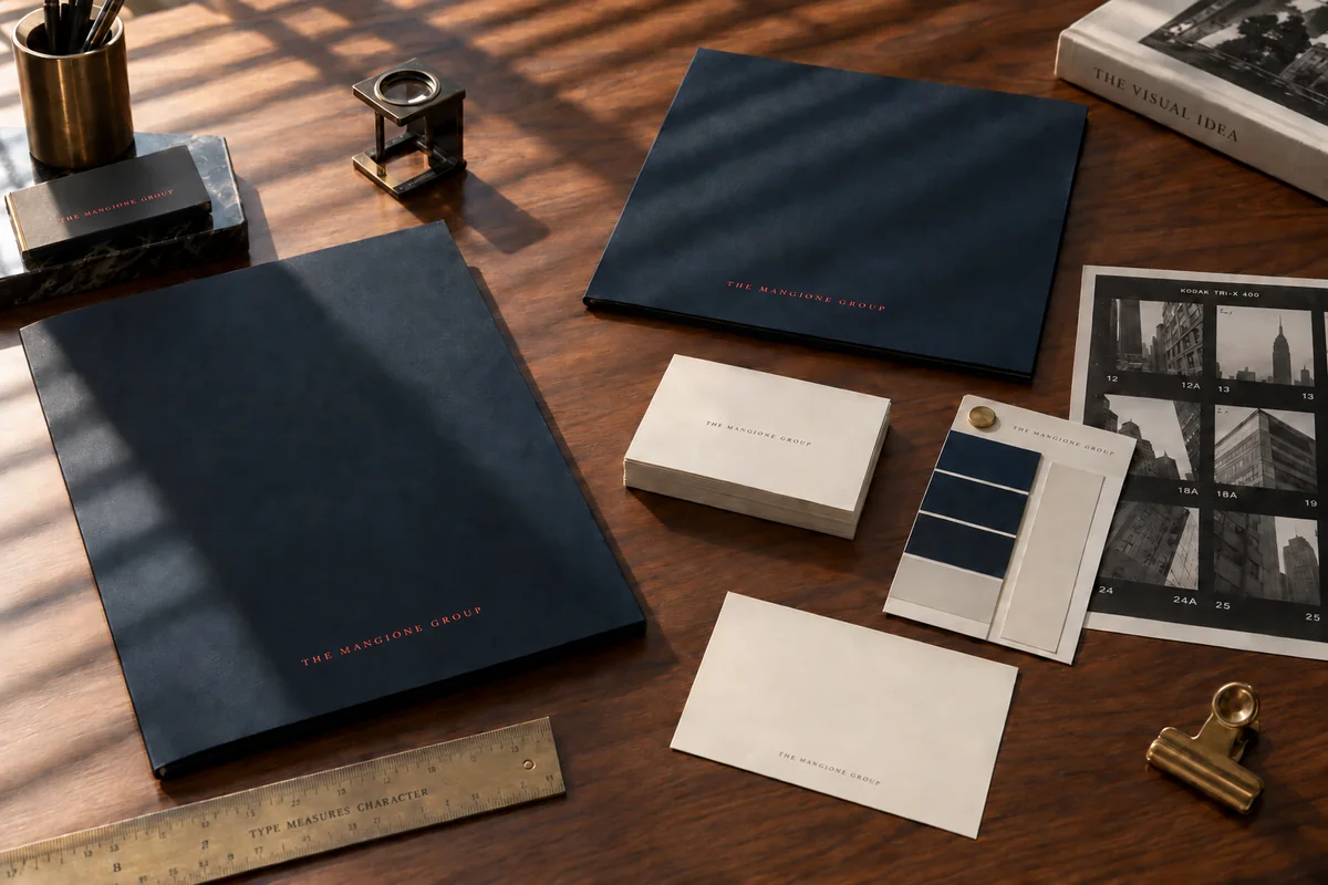 Design materials in a burgundy advertising studio. The Mangione Group.