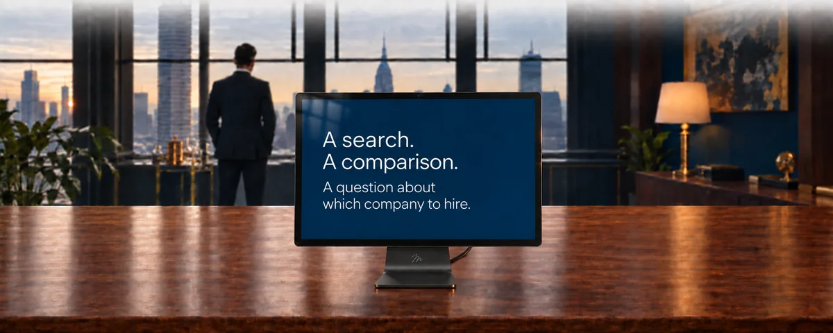 A realistic monitor on a walnut desk. The screen reads: A search. A comparison. A question about which company to hire. The Mangione Group.