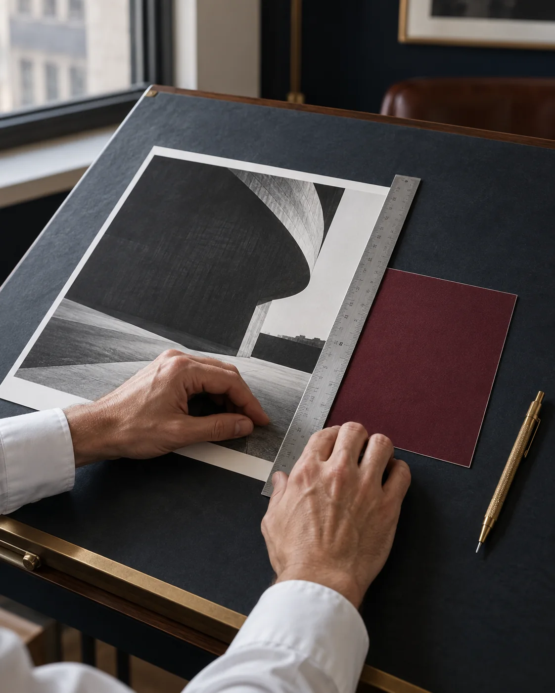 An illustrative agency designer reviewing creative work. The Mangione Group.