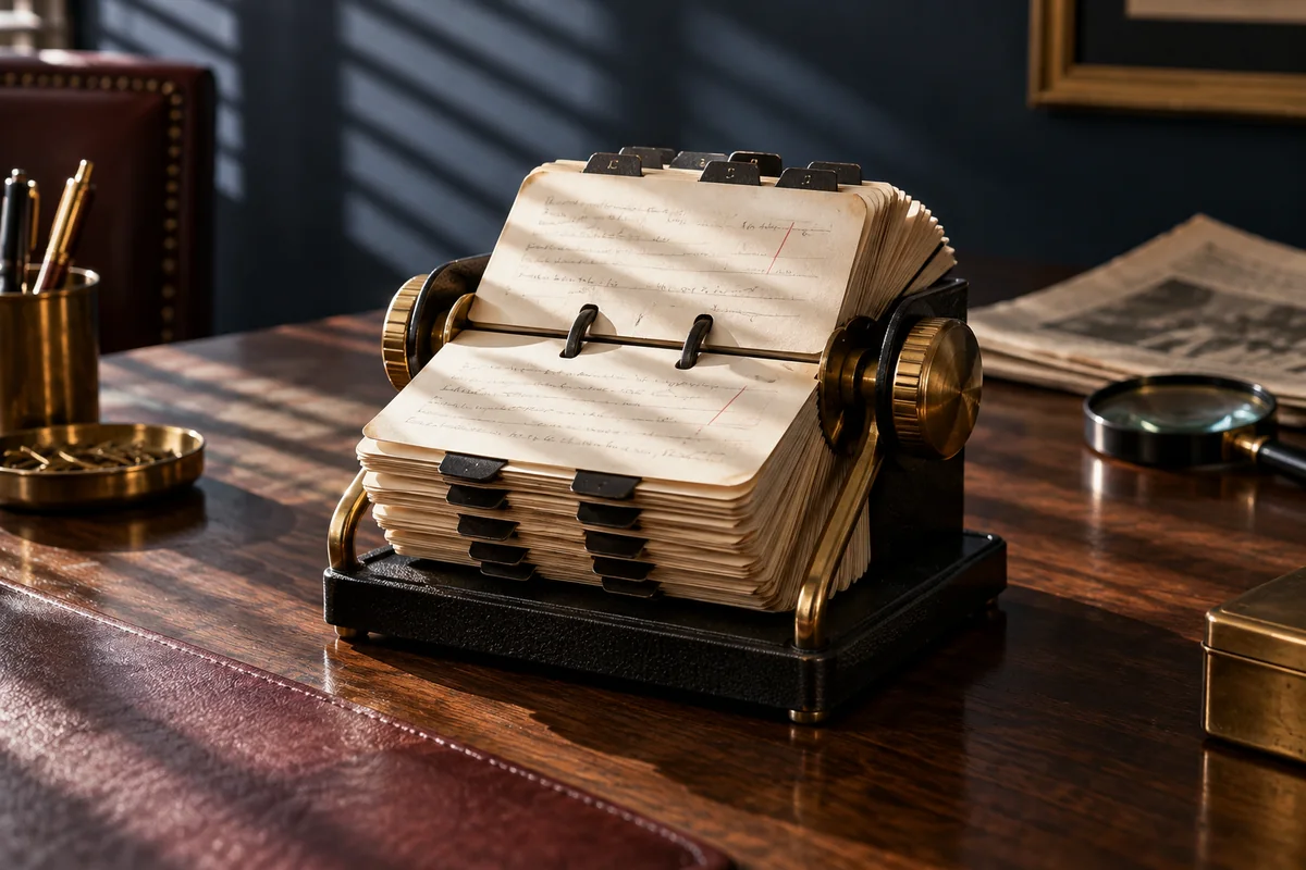 A rotary research card index and notes in an illustrative Madison Avenue office. The Mangione Group.