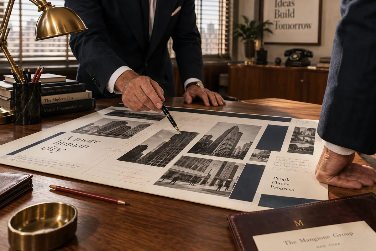 Creative directors reviewing a campaign presentation on a walnut desk. The Mangione Group.
