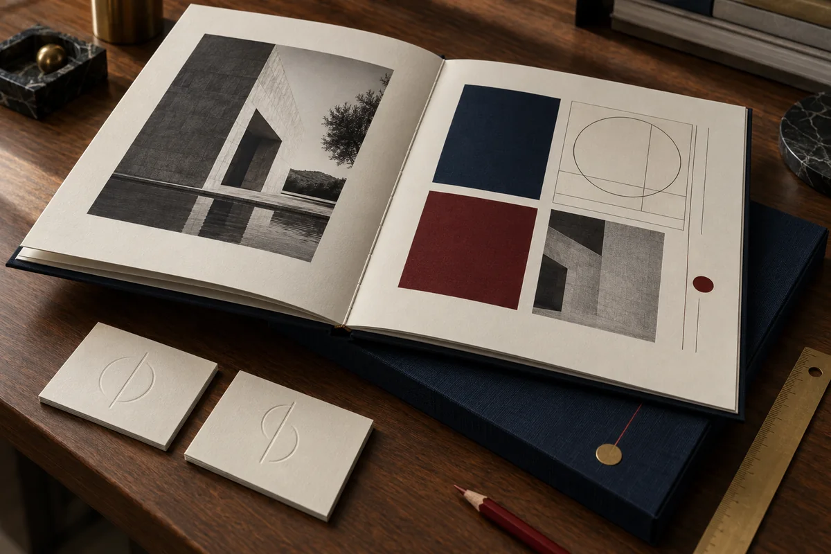 An open printed brand portfolio with navy and deep red artwork, ivory stationery, and a linen presentation case. The Mangione Group.