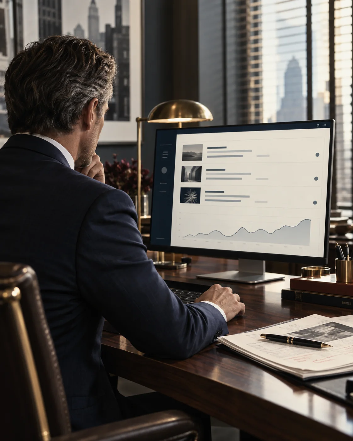 A strategist studying buyer research on a monitor in a Madison Avenue office. The Mangione Group.