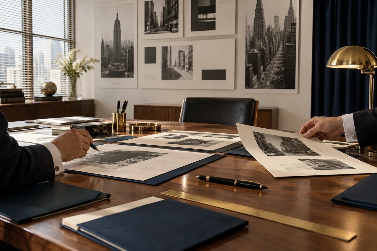 Period advertising layouts under review in a sunlit Madison Avenue creative studio. The Mangione Group.