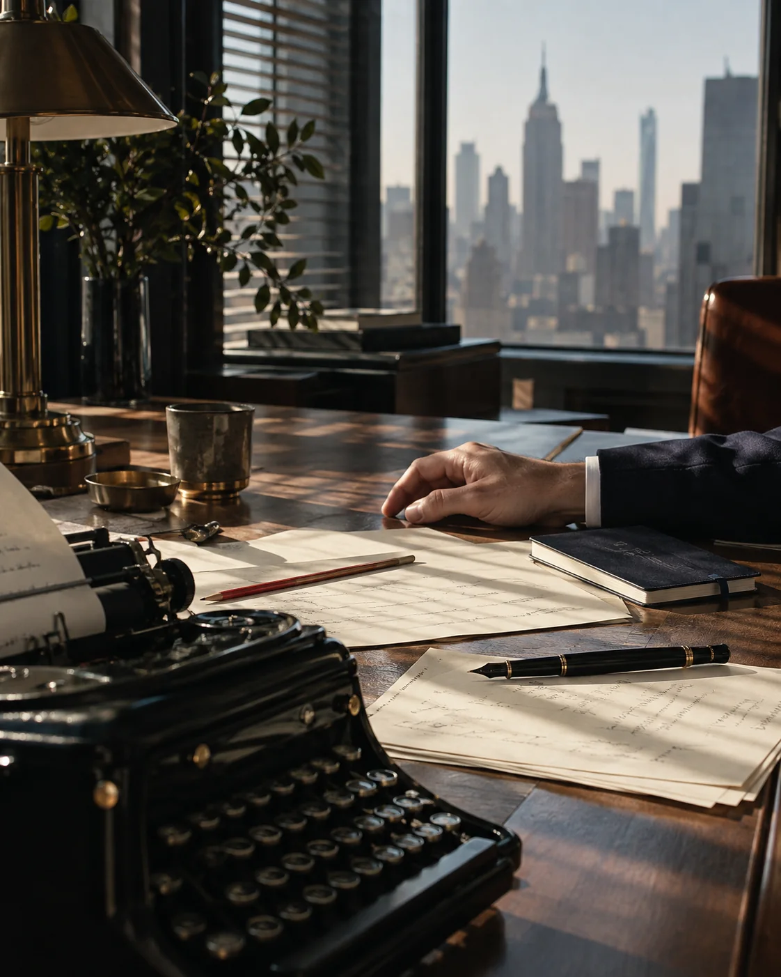Drafts, a fountain pen, and a typewriter on an advertising copywriter’s desk. The Mangione Group.